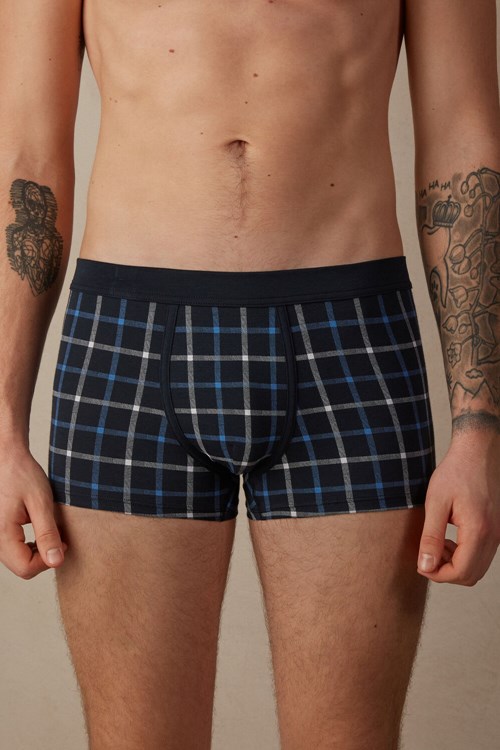 Intimissimi Blue Checkered Boxers in Stretch Supima® Pamuklu Mavi Mavi | YMQEX-0873