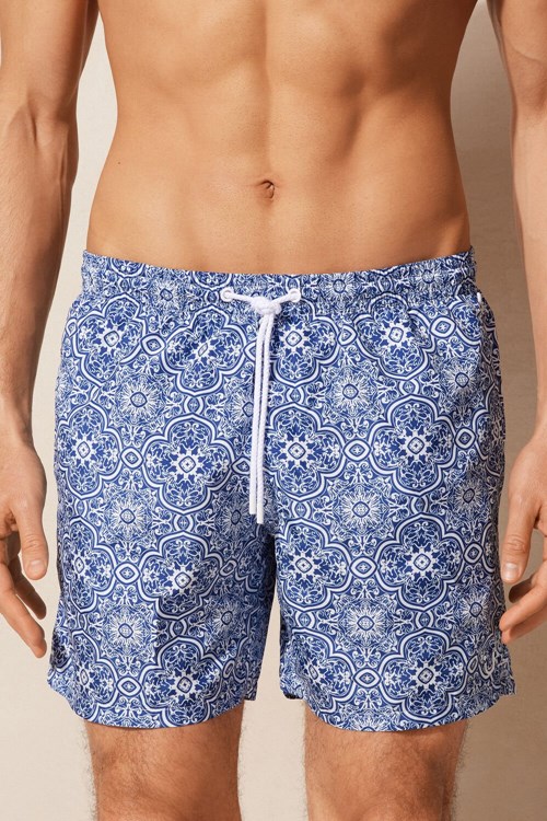 Intimissimi Blue Majolica Print Swim Trunks Mavi Beyaz Mavi Baskılı | MQJEV-4920