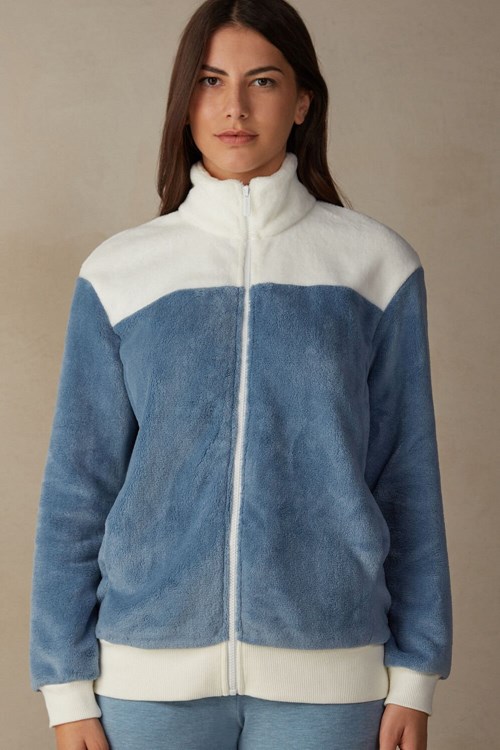 Intimissimi Color Block Fleece Bomber Mavi | JYTRX-7534