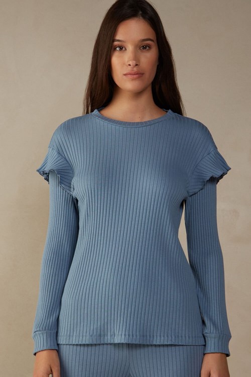 Intimissimi Cozy Mountains Long Sleeve Nervürlü Top Mavi | KYMUA-2804