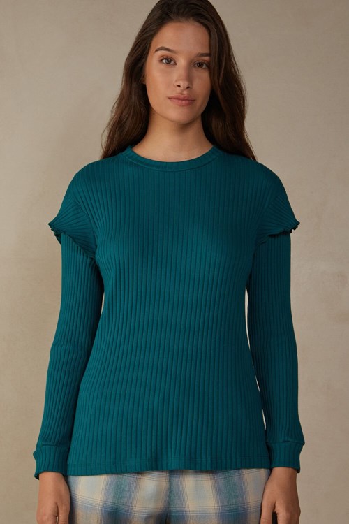 Intimissimi Cozy Mountains Long Sleeve Nervürlü Top Yeşil | RCXQT-1693