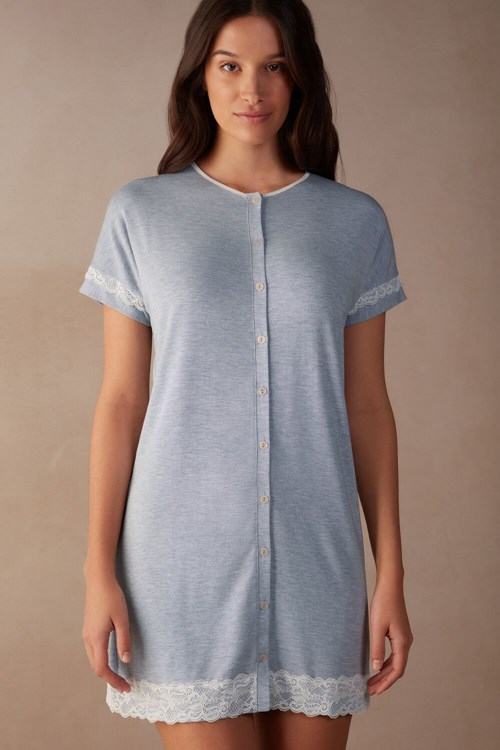 Intimissimi Dantel Trim Button Up Nightgown Açık Mavi Açık Mavi | RJSBY-3982