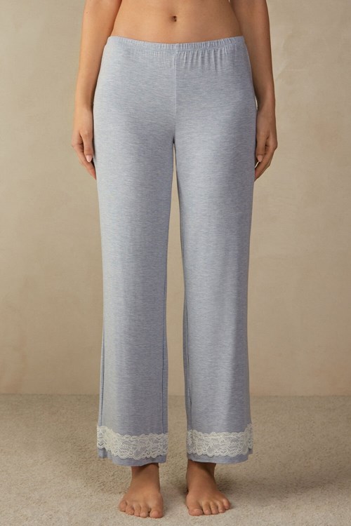 Intimissimi Dantel Trim Full Length Pants in Modal Açık Mavi Açık Mavi | GBDAC-8159
