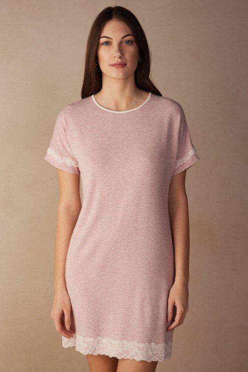 Intimissimi Dantel Trim Kısa Sleeve Nightgown Pembe Açık Pembe | EUZIN-8213