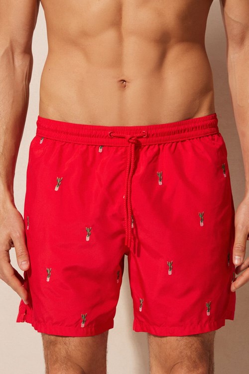 Intimissimi Embroidered Cactus Swim Trunks Baskılı Kırmızı | XWMEJ-8592