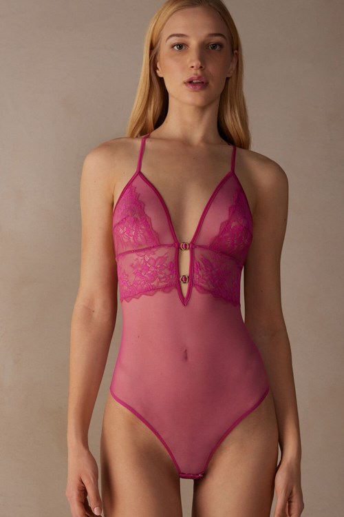 Intimissimi Fearless Femininity Tulle and Dantel Bodysuit Pembe Pembe | GHCDJ-5317