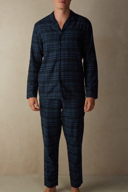 Intimissimi Full Length Pajamas in Brushed Blue Check Patterned Cloth Mavi Mavi Baskılı | WNLCG-4950