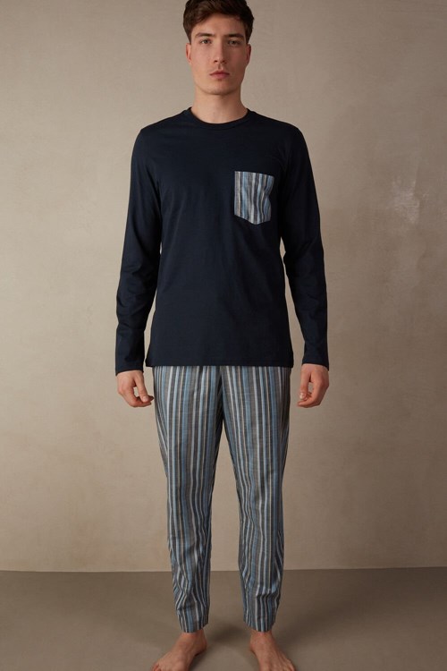 Intimissimi Full Length Pajamas in Çizgili Pamuklu Mavi Mavi | XEPZU-1683