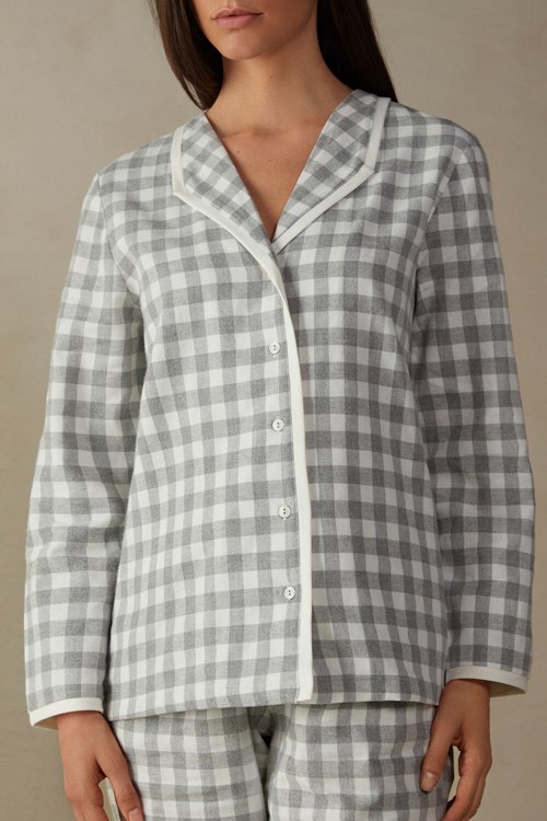 Intimissimi Gingham Lover Shirt in Brushed Cloth Beyaz Gri | NOTAD-7942