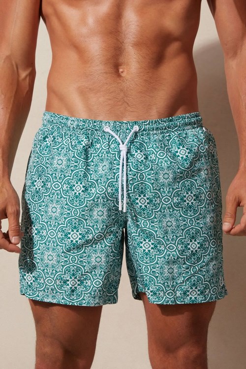 Intimissimi Green Majolica Print Swim Trunks Mavi Beyaz Yeşil Baskılı | NOUAZ-1089