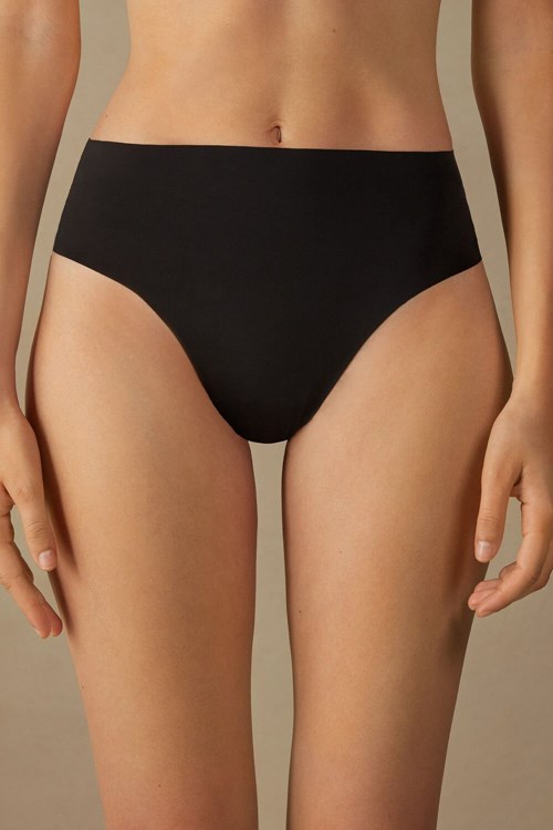 Intimissimi High Belli Tanga in Seamless Ultralight Microfiber Siyah Siyah | PRSNO-0964