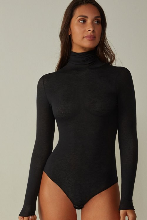 Intimissimi High Collar Bodysuit in Modal Ultralight with Cashmere Siyah Siyah | BTAOI-5480