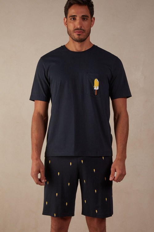 Intimissimi Ice Cream Print Kısa Pamuklu Pajamas Mavi Mavi Krema Baskılı | HLDEU-8531