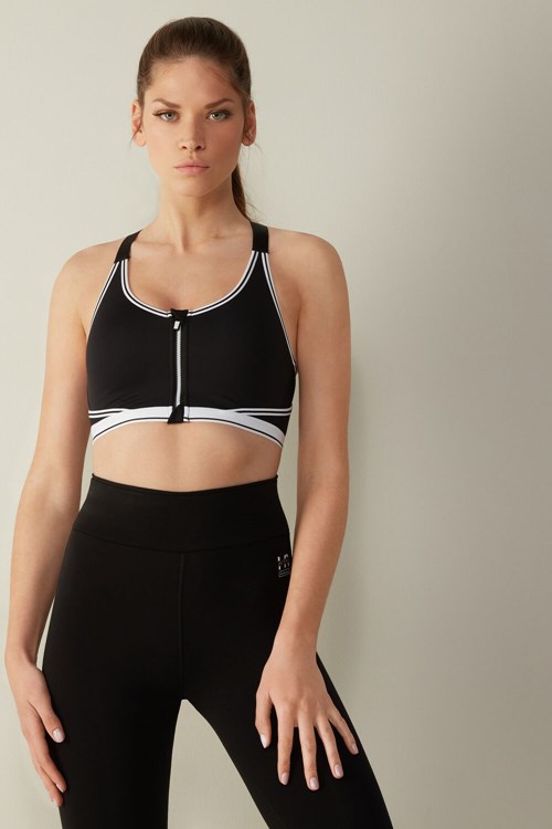 Intimissimi In Action Zip Bra with Supima® Pamuklu Lining Siyah Siyah Beyaz | ZLWSP-7603