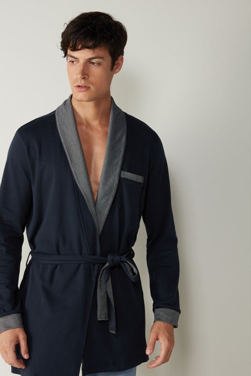 Intimissimi Interlock Pamuklu Smoking Jacket Mavi Mavi | DSAFW-4563