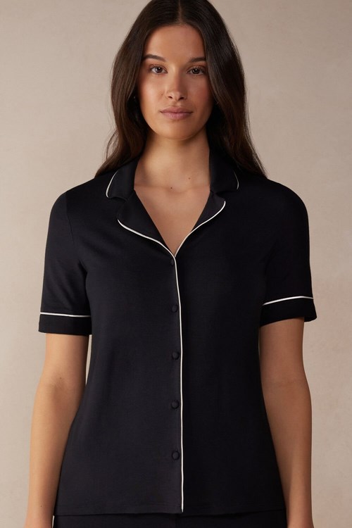 Intimissimi Kısa Sleeve Button Up Shirt in Modal Siyah Siyah | RANTB-9106