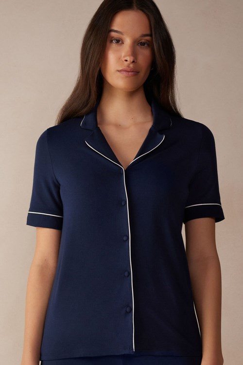 Intimissimi Kısa Sleeve Button Up Shirt in Modal Mavi Mavi | XGOUK-8152