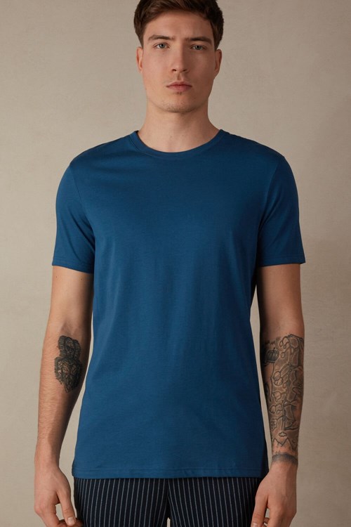 Intimissimi Kısa Sleeve Crew Neck T Shirt in Supima® Pamuklu Mavi Mavi | DKYZO-2983