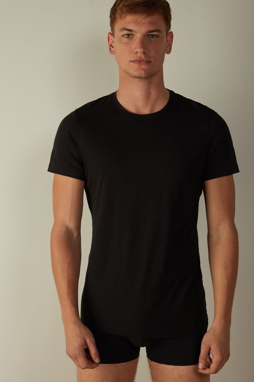 Intimissimi Kısa-Sleeve Crew-Neck T-Shirt in Extra-Fine Supima® Pamuklu Siyah Siyah | HCAFO-8406