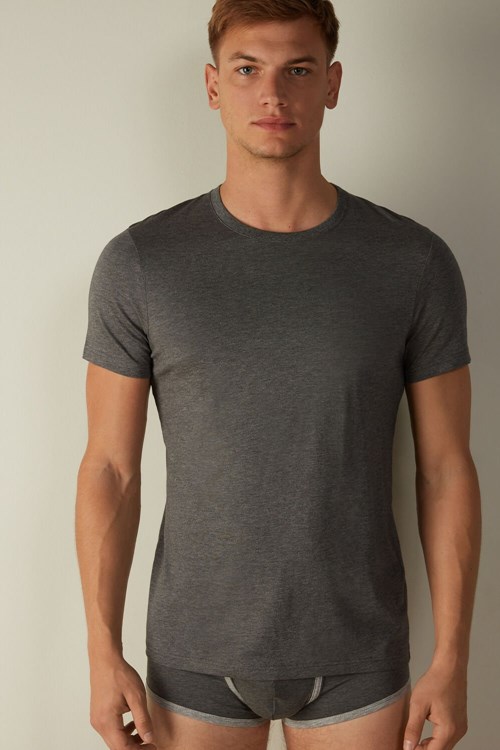 Intimissimi Kısa Sleeve Crew Neck T Shirt in Supima® Pamuklu Koyu Gri Gri | JMRZT-6458