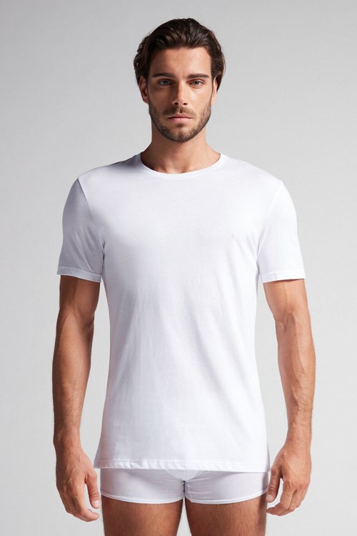 Intimissimi Kısa Sleeve Crew Neck T Shirt in Supima® Pamuklu Beyaz Beyaz | SPKUR-0418