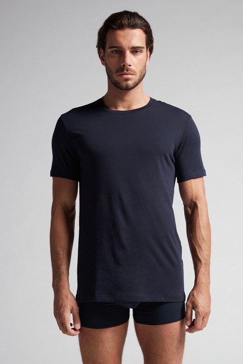 Intimissimi Kısa Sleeve Crew Neck T Shirt in Supima® Pamuklu Mavi | TPNBQ-9027