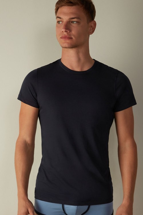 Intimissimi Kısa-Sleeve Crew-Neck T-Shirt in Extra-Fine Supima® Pamuklu Mavi Mavi | TRNEO-7024