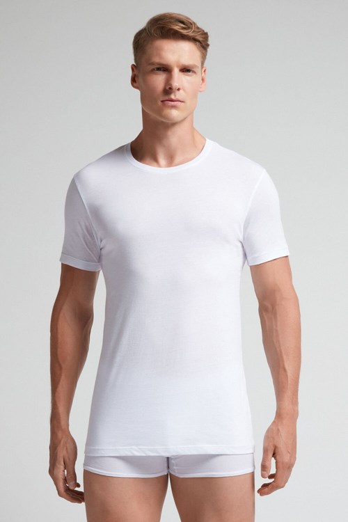 Intimissimi Kısa-Sleeve Crew-Neck T-Shirt in Extra-Fine Supima® Pamuklu Beyaz Beyaz | ZQEYC-2490
