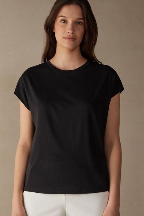 Intimissimi Kısa Sleeve Crew Neck Top in Supima® Ultrafresh cotton Siyah Siyah | YLFUO-1809