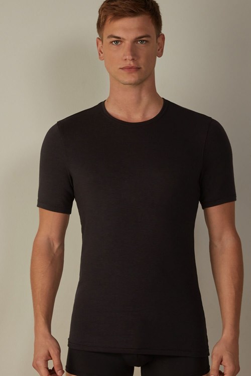 Intimissimi Kısa-Sleeve Modal-Cashmere Top Siyah Siyah | NWLTQ-7634