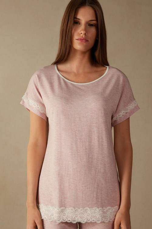 Intimissimi Kısa-Sleeve Modal Top with Dantel Detail Pembe Açık Pembe | JVHBS-9072