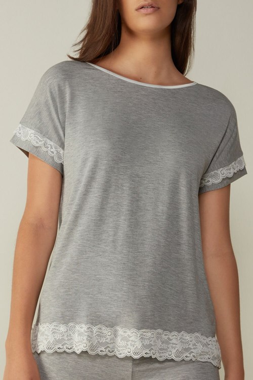 Intimissimi Kısa-Sleeve Modal Top with Dantel Detail Gri Açık Gri | MXHRS-3276