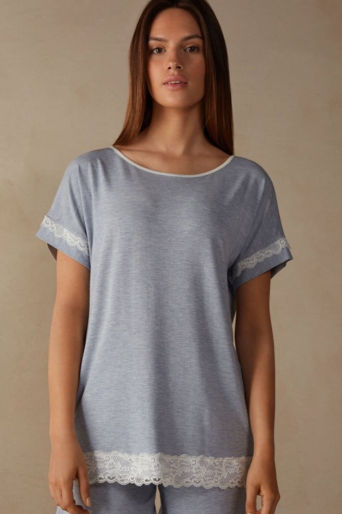 Intimissimi Kısa-Sleeve Modal Top with Dantel Detail Açık Mavi Açık Mavi | TOWXL-1397