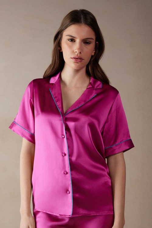 Intimissimi Kısa Sleeve Silk Shirt with Contrast Trim Pembe Pembe | XUVJC-7590