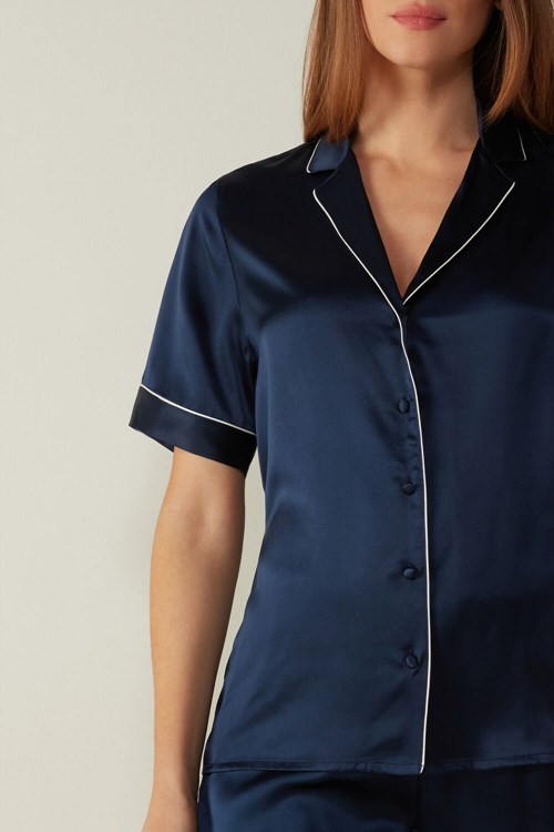 Intimissimi Kısa Sleeve Silk Shirt with Contrast Trim Mavi Mavi | ZQVEF-1837