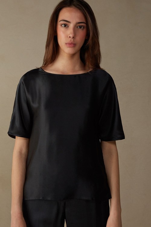 Intimissimi Kısa Sleeve Silk and Modal Top Siyah Siyah | BOCLP-4627