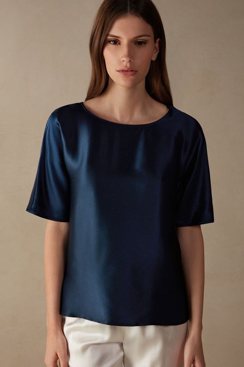 Intimissimi Kısa Sleeve Silk and Modal Top Mavi Mavi | HQFEV-7061