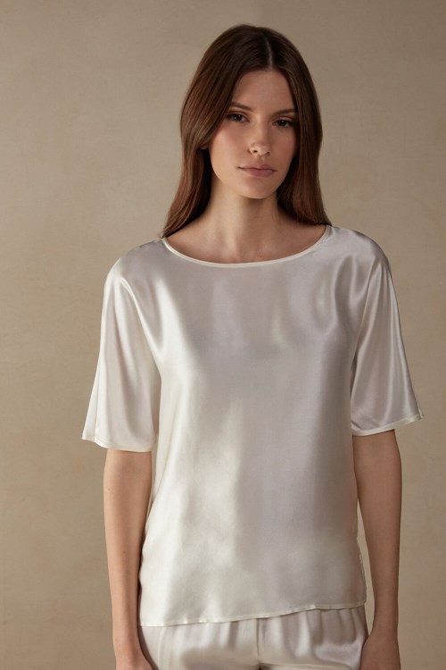 Intimissimi Kısa Sleeve Silk and Modal Top Beyaz | NQEJK-6132