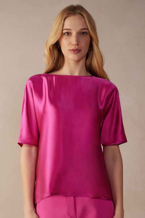 Intimissimi Kısa Sleeve Silk and Modal Top Pembe Pembe | ONCBW-0754