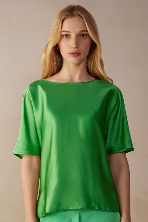Intimissimi Kısa Sleeve Silk and Modal Top Yeşil Nane | RUQMH-5314