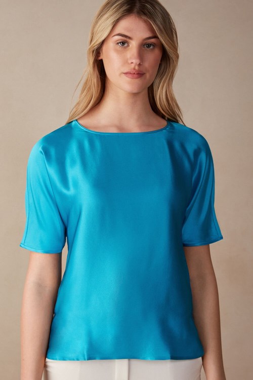 Intimissimi Kısa Sleeve Silk and Modal Top Mavi Turkuaz | UFYWX-8603