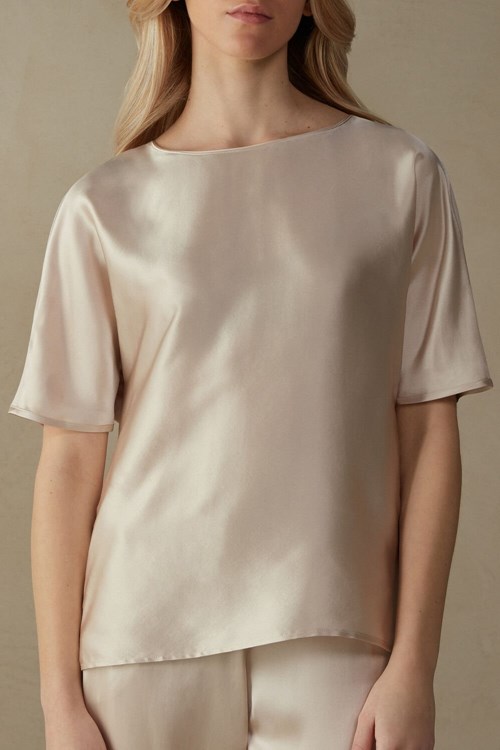 Intimissimi Kısa Sleeve Silk and Modal Top Pembe | WQSER-5062