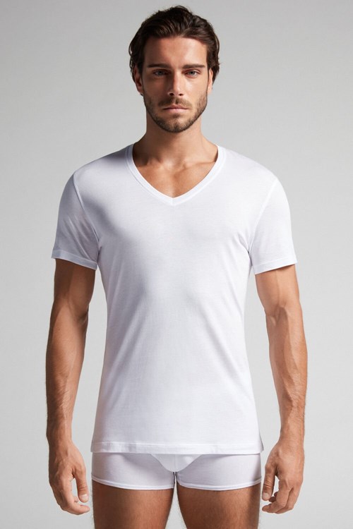 Intimissimi Kısa-Sleeve V-Neck T Shirt in Extra-Fine Supima® Pamuklu Beyaz Beyaz | FQOAL-5214
