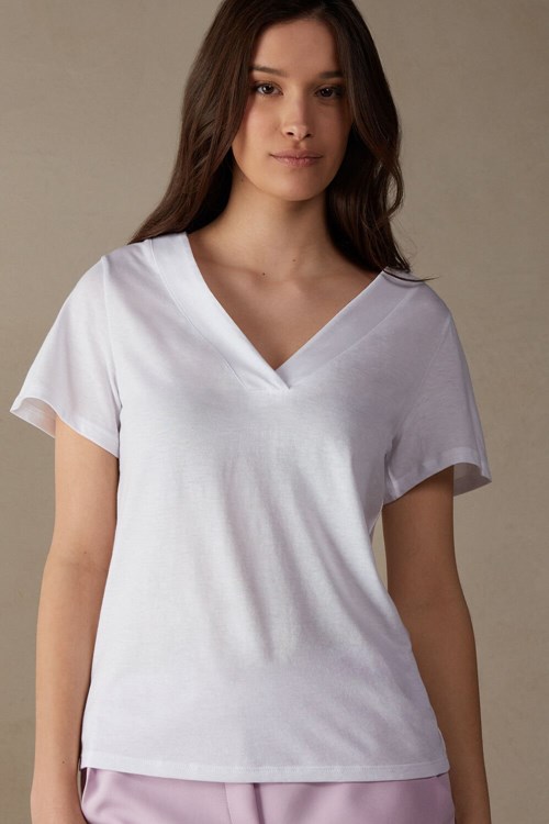 Intimissimi Kısa Sleeve V-neck Top in Supima® Ultrafresh Pamuklu Beyaz Beyaz | HGYKD-9815