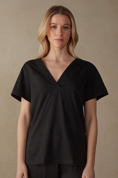 Intimissimi Kısa Sleeve V-neck Top in Supima® Ultrafresh Pamuklu Siyah Siyah | RVLAO-8546