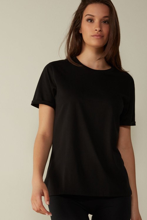Intimissimi Kısa-Sleeved Supima® Pamuklu Top Siyah Siyah | PZKCN-5698