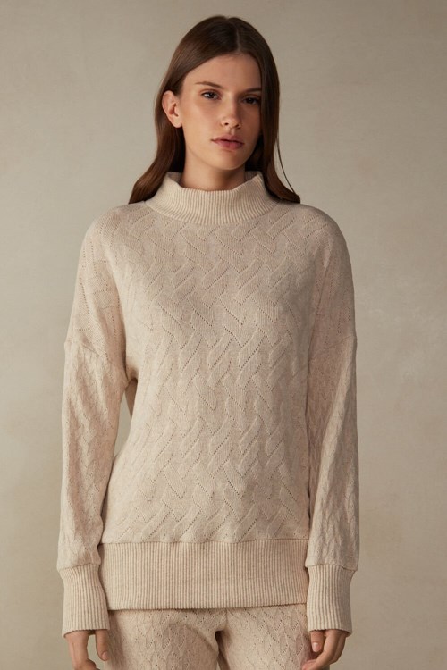 Intimissimi Kışlık Braid Long Sleeve Jacquard Top Bej Rengi | CMKOE-4302