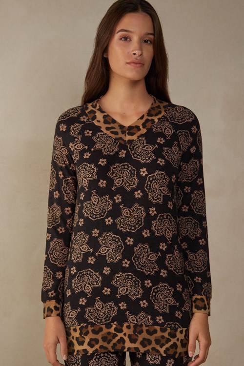 Intimissimi Lady Animalier Long Sleeve Modal Top Baskılı Siyah Baskılı | BYWQU-3450