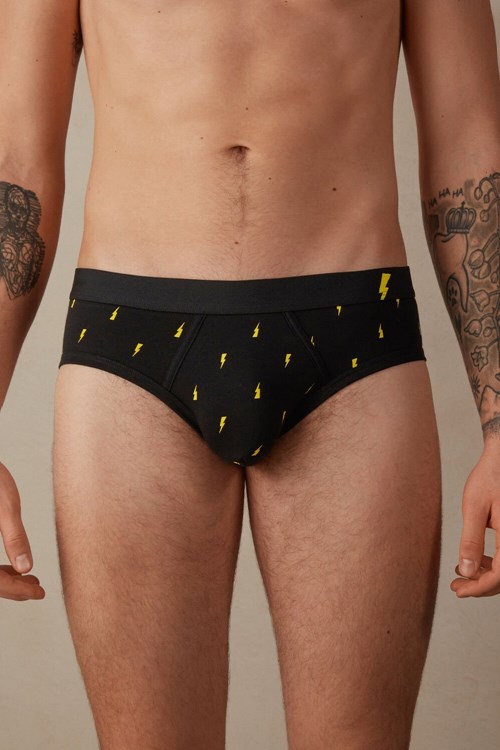 Intimissimi Lightning Bolt Briefs in Stretch Supima® Pamuklu Siyah Siyah Baskılı | ZERGO-2816