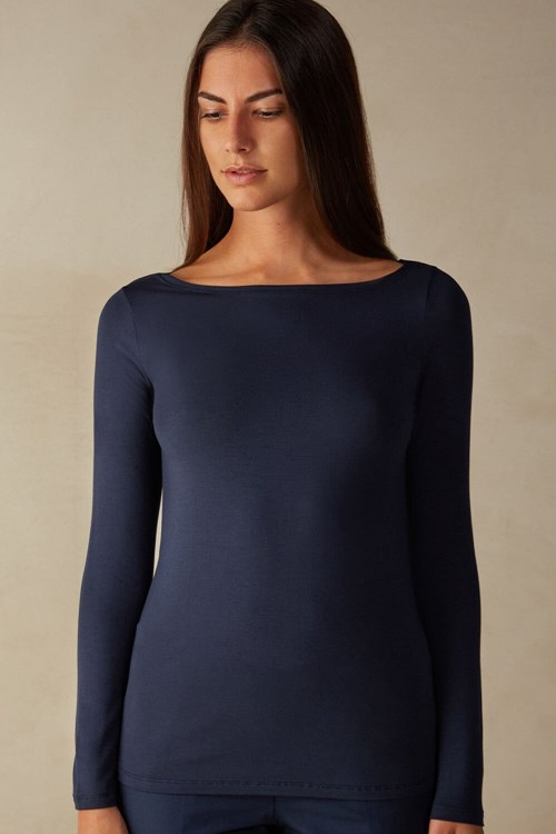 Intimissimi Long Sleeve Bateau Neck Top in Micromodal Mavi Mavi | MULQN-5460